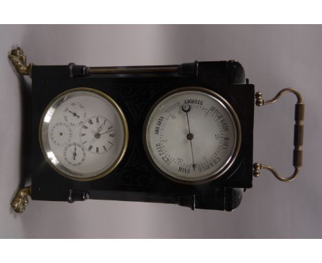 A LATE 19TH CENTURY EBONISED CLOCK AND BAROMETER COMBINED, with twin circular dials, aneroid barometer and clock face with fo