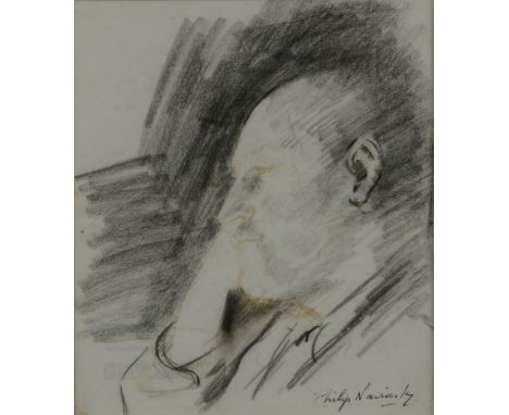 ARR PHILIP NAVIASKY, (1894-1982), Self portrait, in profile, in deep thought, resting his chin on his hand, charcoal, signed 