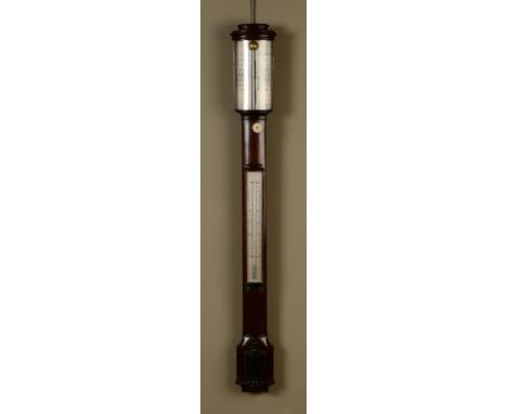 A 19TH CENTURY MAHOGANY STICK BAROMETER, signed J.Blatt, Brighton, silvered dial with single vernier, fitted with a thermomet