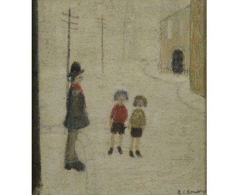 ARR LAURENCE STEPHEN LOWRY, (1887-1976), Street scene with two boys and a man, wearing a hat and red scarf, oil on board, sig