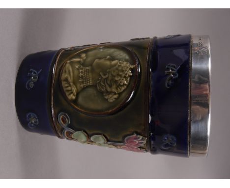 A DOULTON LAMBETH STONEWARE ROYAL COMMEMORATIVE MUG, for the Coronation of Edward VII, with portrait relief panels of Edward 