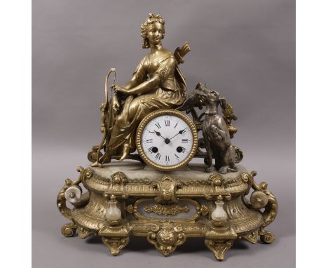 A FRENCH GILT SPELTER AND ALABASTER TWO TRAIN FIGURAL MANTEL CLOCK, cast with huntress and dog, 37cm high