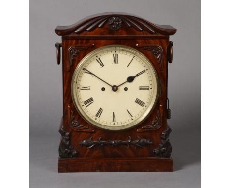 A WILLIAM IV MAHOGANY TWO TRAIN, EIGHT DAY TWIN FUSEE BRACKET CLOCK, with carved flamed mahogany case, white circular painted