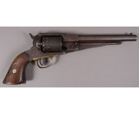 A REMINGTON NEW MODEL ARMY SIX SHOT PERCUSSION REVOLVER, .44 calibre, single action, 8" octagonal barrel, walnut grips with b