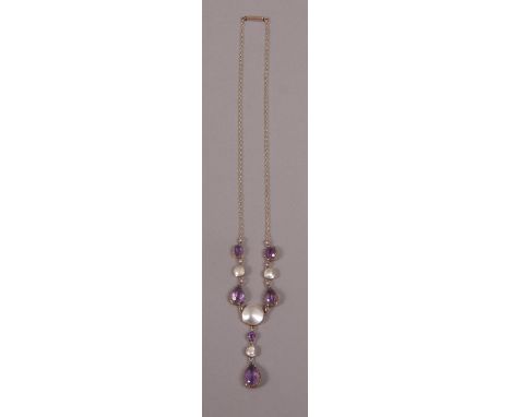 A VICTORIAN AMETHYST AND BLISTER PEARL NECKLACE, in 9ct rose gold, each pearl set in close back collets, the oval and pear-sh