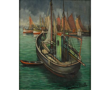 ARR ACHILE VAN SASSENBROUCK, (1886-1979), Fishing boats at anchor, oil on canvas, signed to lower right, 43cm x 35.5cm. See i