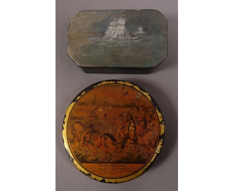AN EARLY 19TH CENTURY PAPIER MACHE SNUFF BOX, decorated in gilding with printed scenes 'A French Victory against the Russians