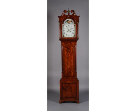 A 19TH CENTURY MAHOGANY EIGHT DAY LONGCASE CLOCK, the painted dial signed Jonathan Wainwright Nottingham, with swan neck pedi