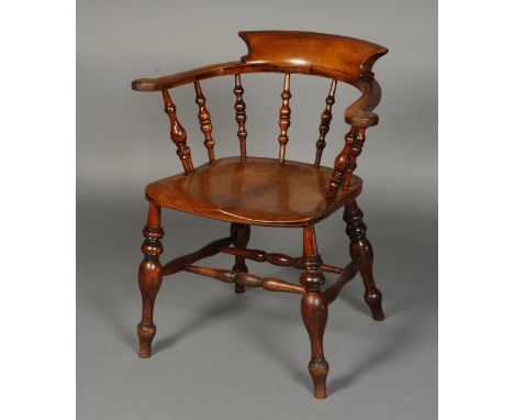 A 19TH CENTURY FRUITWOOD AND ELM SMOKER'S BOW, stamped F W to the seat, having a raised back above slender spindles, on turne