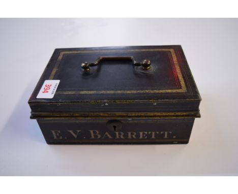 PERSONAL EFFECTS, MID-19TH CENTURY: a small black tin case with handle to lid, mid-19th century containing various personal e
