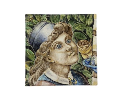 William De Morgan, a very rare large format Fulham period tile featuring a renaissance portrait bust of a young boy facing de