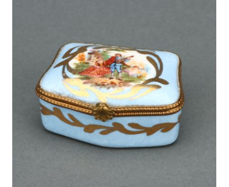 A Sevres Bleu Celeste Patch Box, with hand painted fÃªte gallant scene in gilt cartouch, decorated to the inside lid and well