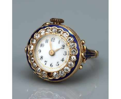 An Extremely Rare Jaeger LeCoultre Belle Epoque Diamond and Enamel Ring Watch, c.1900 and stamped LeCoultre to the works, the