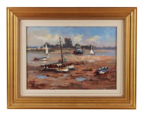 WILLIAM DAVIES (b.1928), oil on canvas 'Low Water, Haybridge Basin', signed lower left and with gallery label verso, 36 cm x 