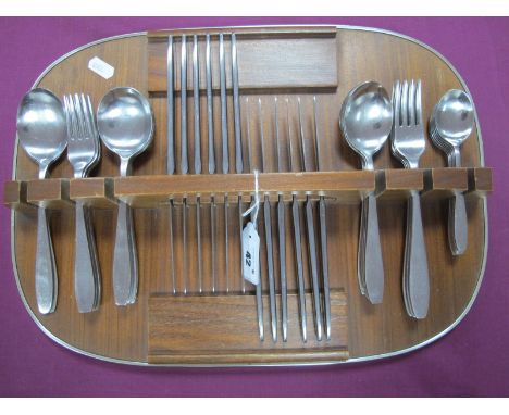 A Robert Welch Style Vintage Butler's Tray Fitted with Six Setting Canteen of Old Hall Cutlery, tray 42cm wide. 