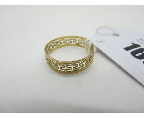 A Band Ring, of pierced design, stamped "585" (split) (finger size P) (0.8gram). 