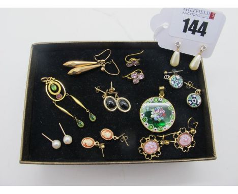 A Vintage Dainty Drop Pendant, together with assorted earrings, a circular glass pendant, the gilt mount stamped "925", simil
