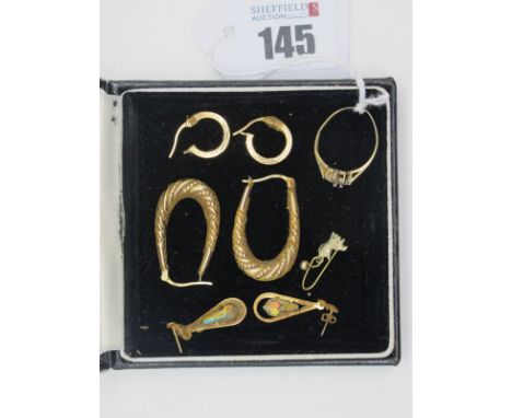 A Pair of Creole Earrings, stamped "375" (1.5grams), together with further earrings (dirty); a ring (damaged / stamped "925")