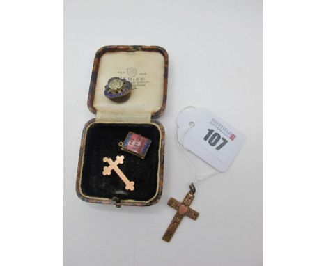 A Chester Hallmarked 9ct Gold Cross Pendant, (damaged / incomplete), Chester 1910 (1gram); another cross pendant, British Leg