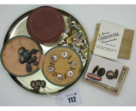 Vintage and Later Cufflinks, dress studs, a cased set of dress buttons (one missing), 'Damascene' cufflinks, in original pack