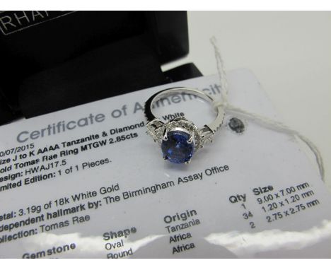 An 18ct White Gold Tanzanite and Diamond Cluster Ring, oval four claw set to the centre, within border of brilliant cut diamo