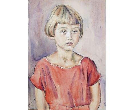 Waentig, Walter (1881 Zittau - 1962 Gaienhofen)"Portrait eines jungen Mädchens"; Halbportrait in rotem Kleid; Aquarell/Tusche
