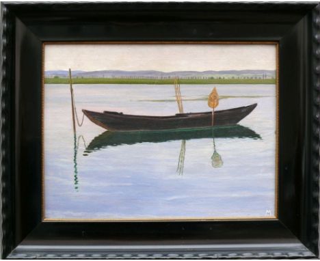 Marquard, Otto (1881 Konstanz - 1969 Allensbach)"Ruderboot im See vor Allensbach"; an einer Stange vertäut; seitl. Reusen und