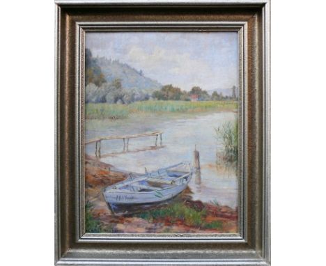 Lotter, Heinrich (1875 Stuttgart - 1941 Insel Reichenau)"Ruderboot am Ufer" neben Holzsteg und Schilfgürtel; ÖL/Malkarton; li