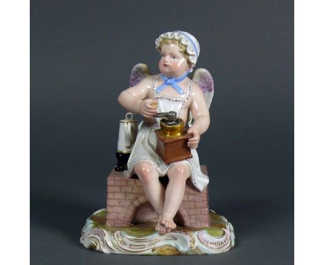 Amor als Köchin (Meissen, 1860 - 1924)Modell von Ernst August Leuteritz von 1876; farbige Unterglasurbemalung; bl. Schwerterm