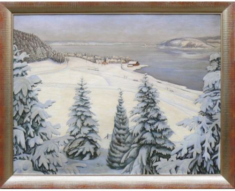 Segewitz, Eugen (1886 Pforzheim - 1952 Wangen/Untersee)"Winter auf der Höri"; Blick von Marbach aus Richtung Hemmenhofen mit 