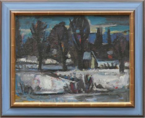 Häusler, Frowald (1923 - Säckingen?)"Winterlandschaft am Rhein bei Bad Säckingen"; ÖL/LW; verso bemalte Rückseite, sitzende j
