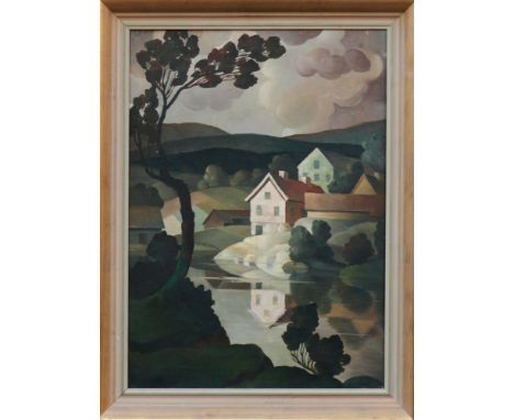 Weninger, Ludwig (attr., 1904 Gunzenhausen - 1945 Gaibach/Franken)"Landschaft mit Dorf an Gewässer" wohl Wasserburg/Inn; ÖL/L