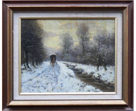 Hermans, H. (um 1900)"Pferdefuhrwerk auf verschneitem Waldweg" neben einem Bach; ÖL/Holz; rechts unten sign.; 27,5 x 35 cm; R