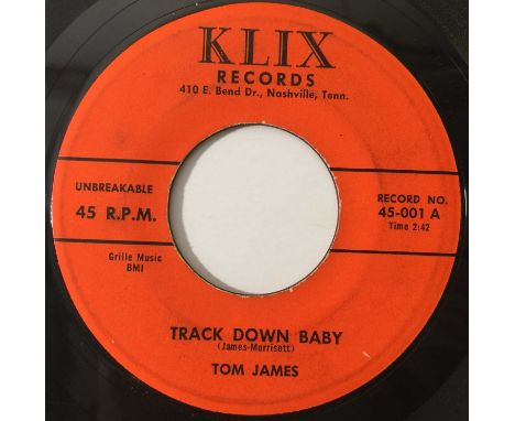 TOM JAMES - TRACK DOWN BABY/ HEY BABY 7" (US ROCKABILLY - KLIX 45-001). A superb rockabilly 7" by Tom James; Track Down Baby/