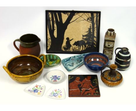 A quantity of assorted studio pottery to include a Minton Hollins &amp; Co pottery tile, a Royal Copenhagen Fajance vase, Poo