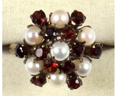 Victorian yellow metal pearl and garnet floral cluster ring, size G, 3.3grs 