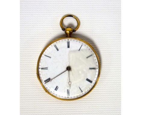 19th century continental 18K open faced gold pocket watch with a white enamel circular dial, black Roman numerals, enclosing 