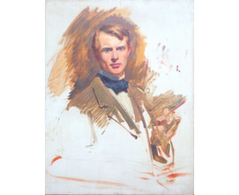 Frank Samuel Eastman (1878-1964), portrait study (unfinished) of a young gentleman, wearing a cravat and brown coat, oil on c
