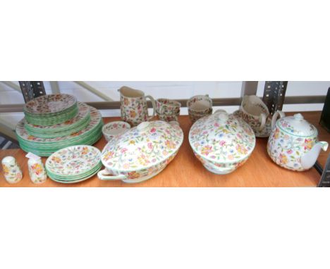 A comprehensive Minton Haddon Hall pattern china part dinner service, comprising 8 dinner plates, 6 dessert plates, 8 side pl