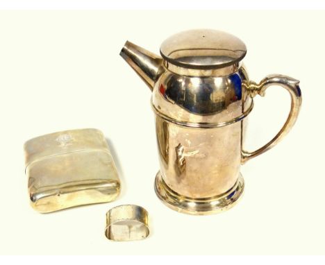 Silver large curved spirit flask with a detachable cup cover and hinged bayonet action stopper, the cover engraved with a mon