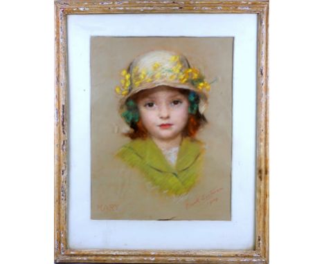 Frank Samuel Eastman (1878-1964), portrait study of ?Mary?, head and shoulders, she wearing a hat with yellow flowers, pastel