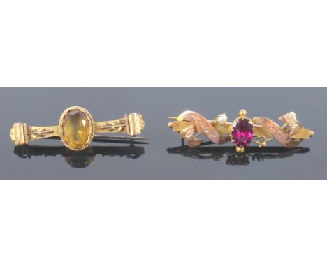 Late Victorian 9ct gold bar brooch set faceted oval citrine (metal pin). 2.4grs and a garnet and seed pearl (1 missing) bar b