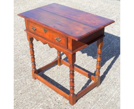 Eastern hardwood side table with a drawer, on bobbin turned legs and stretchers, W 76cm 