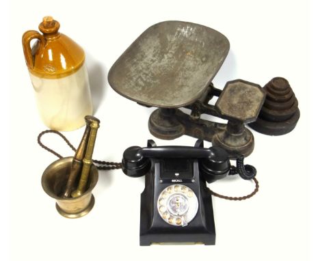 A set of Vintage kitchen scales with 6 graduated weights, a wooden handle poleaxe, a stoneware storage jar, a copper mortar a