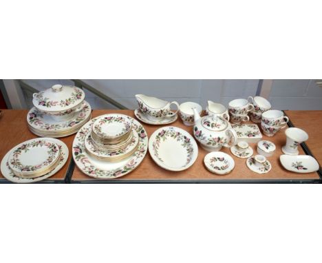 Wedgwood Hathaway Rose dinner service comprising 6 dinner plates, 6 dessert, 6 side, 6 tea, oval meat dish, oval veg dish, tu