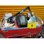 LOT OF ASST. WELDING SUPPLIES, HELMET, BRUSHES, SQUARES, LEVELS, TOOL STORAGE CABINET, BLANKETS,