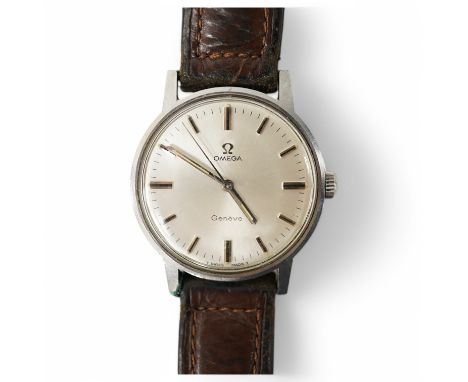 A gentleman's early 1970's stainless steel Omega manual wind wrist watch, on an associated leather strap, case diameter 35mm.