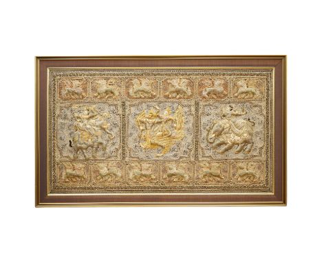 A Burmese tapestry wall hanging, embroidered with sequins and applied decoration, framed, 80 x 140cm. Condition - fair/good