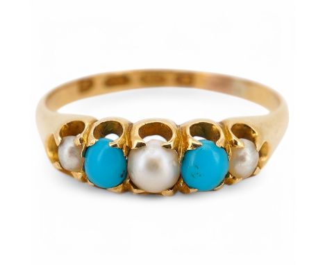 A Victorian 18ct gold, three stone split pearl and two stone turquoise set half hoop ring, size O/P, gross weight 2.5 grams.