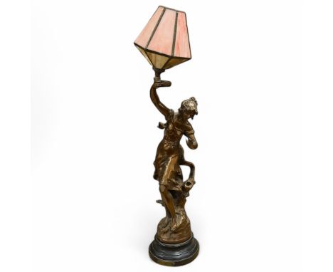 After Louis Auguste Moreau (1855-1919), a spelter figural table lamp ‘Charmeuse’, 67cm. Condition - good, not tested